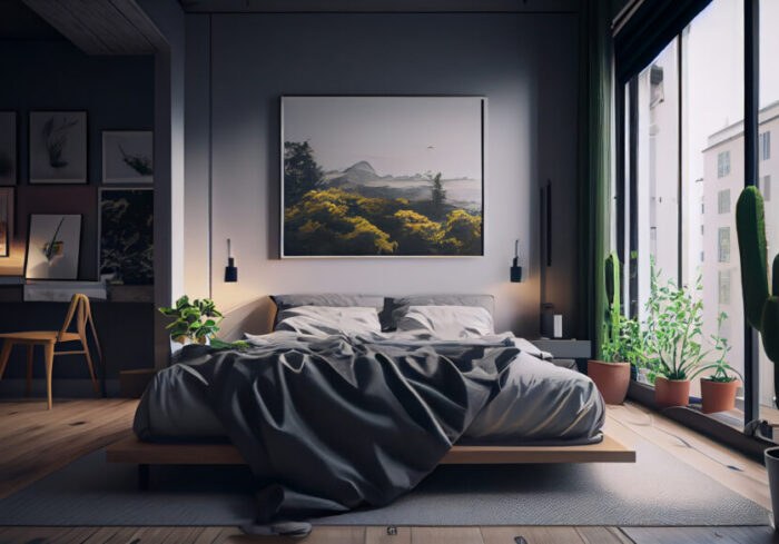 Modern apartment bedroom, comfortable bed near window ,generative AI
