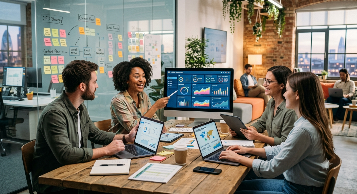Professionals discussing digital marketing strategies using analytics dashboards, laptops, and project planning boards.